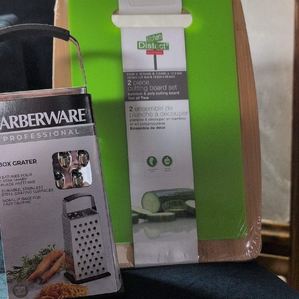 Farberware Stainless Steel Box Grater with Green and Bamboo Cutting Board Set